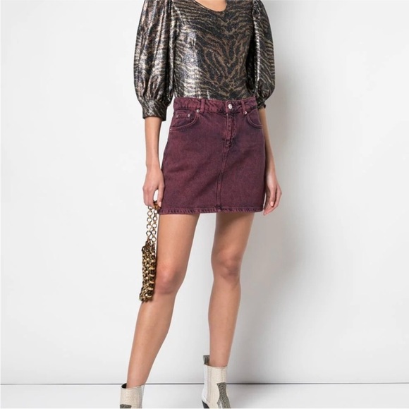 Ganni Colored Washed Denim Mini Skirt red/maroon EUC - Picture 3 of 10